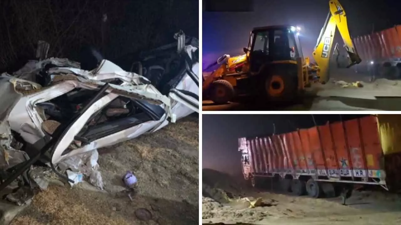 झज्जर में गुरुग्राम रोड पर खौफनाक हादसा: तुड़े से भरा ट्रक कार पर पलटा, 5 लोगों की मौत